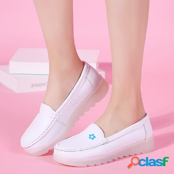 Mulheres Soft Folower branco antiderrapante cunhas mocassins