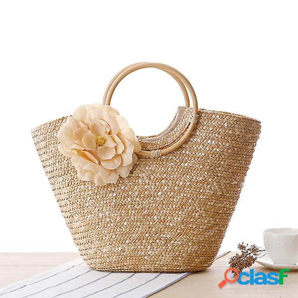 Mulheres Straw Flowers Bolsa Hand Woven Straw Praia Bolsa