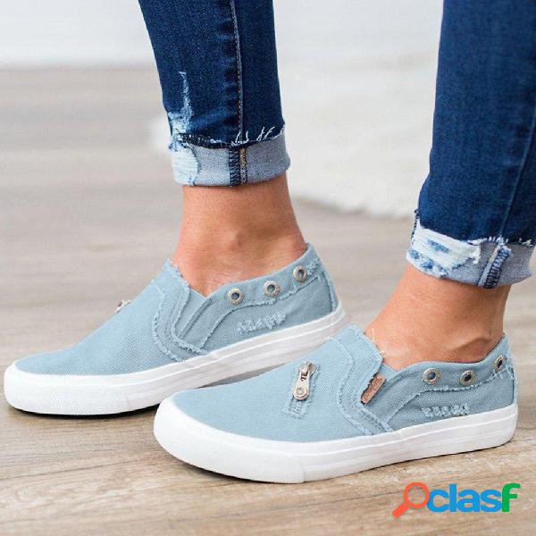 Mulheres Zipper Loafers Denim Comfy Casual Slip On Plano