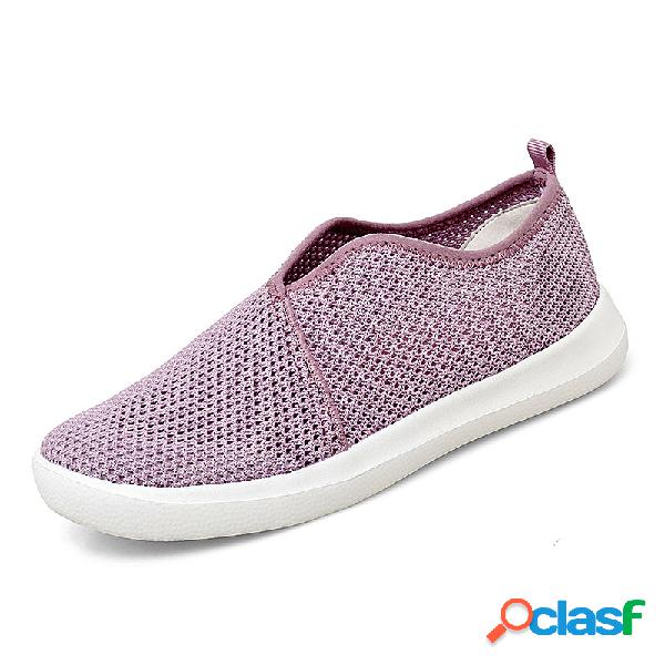 Mulheres malha respirável v forma cor sólida plana sapatos