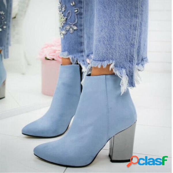 Mulheres tamanho grande cor sólida salto alto zipper botas
