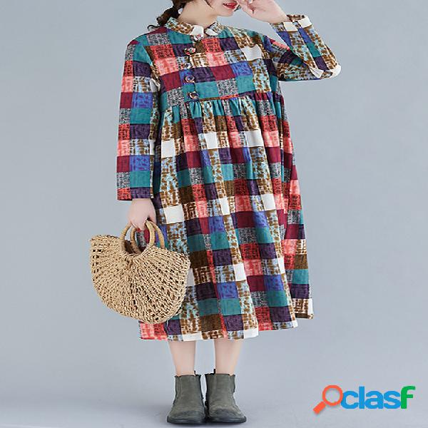 Multicolor Plaid Print manga comprida Vintage Dress For