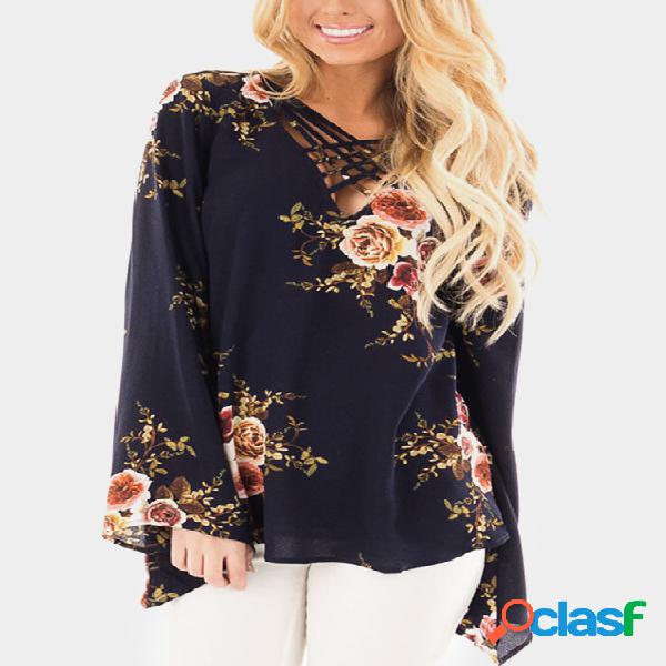 Navy Crossed Front Design Blusa de mangas de sino com