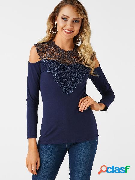 Navy Lace Insert Cold Shoulder Long Sleeves Causal T-shirt