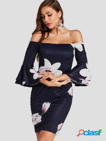 Navy Off Shoulder Bell Sleeves Random Floral print Dress