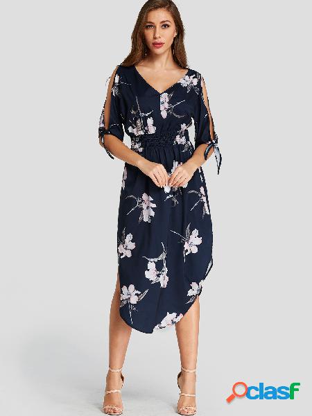 Navy Random Floral Print Self-tie Design Slit Sleeves Dress