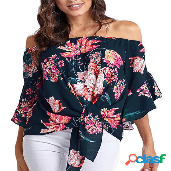 Navy Self-tie Design Tropical Off The Shoulder Blusa de