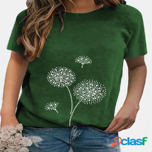 O-pescoço Flor Imprimir manga curta Casual T-shirt para as