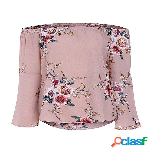 Off-ombro Floral Imprimir Blusa chifre de manga comprida