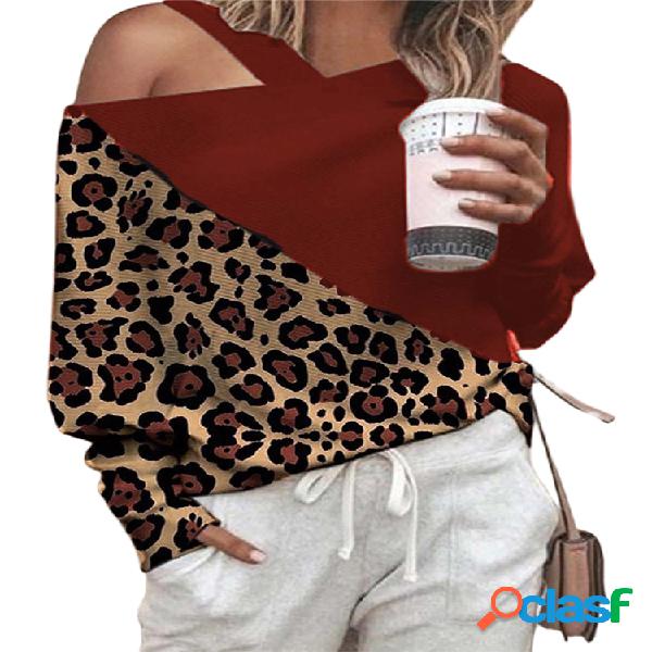 Patches de leopardo casuais alças ombro frio blusa de manga