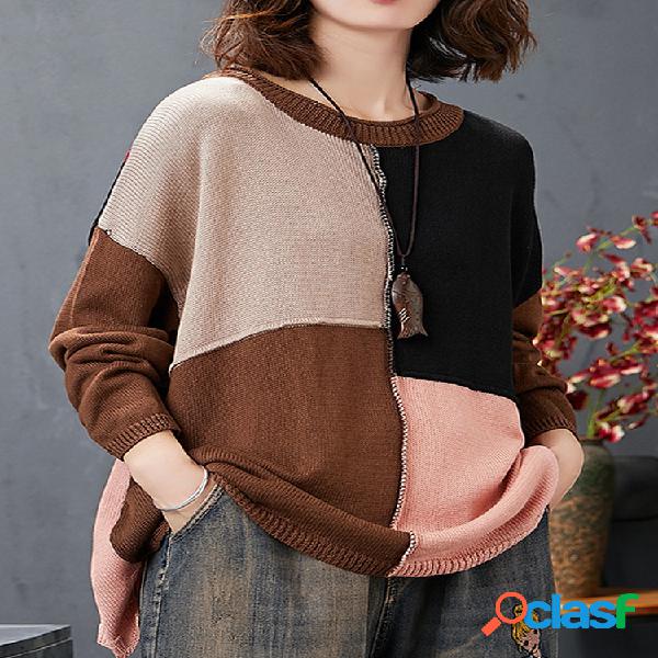 Patchwork Knit Crewneck Plus camisola de tamanho