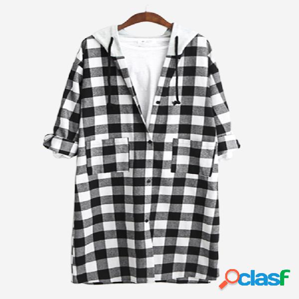 Patchwork Plaid Print Long Sleeve Casaco Casual
