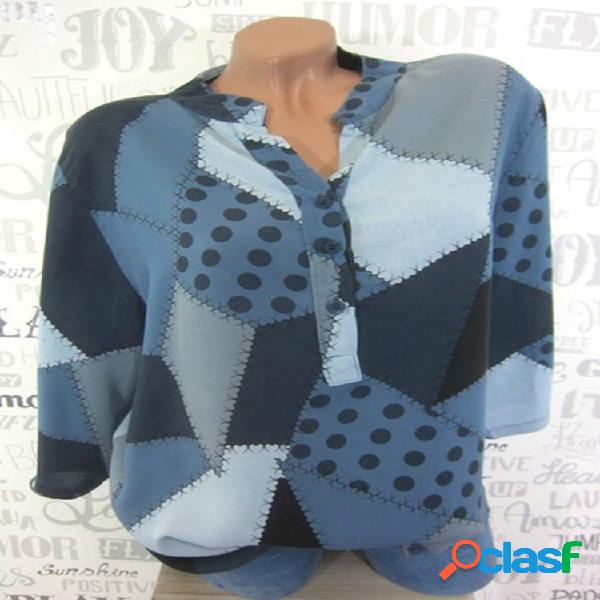 Patchwork impresso blusas de manga longa com decote em v