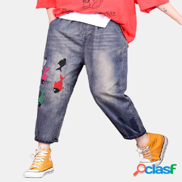 Peixe bordado patchwork cintura elástica Jeans