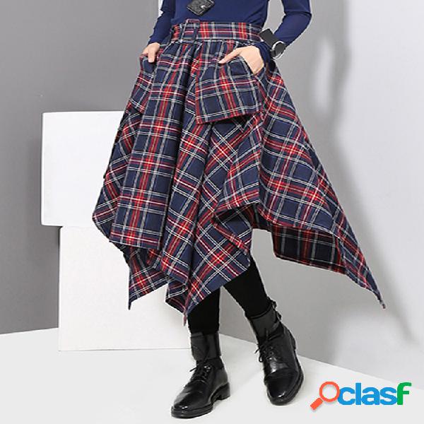 Plaid Print Irregular Casual Skirt Para Mulheres