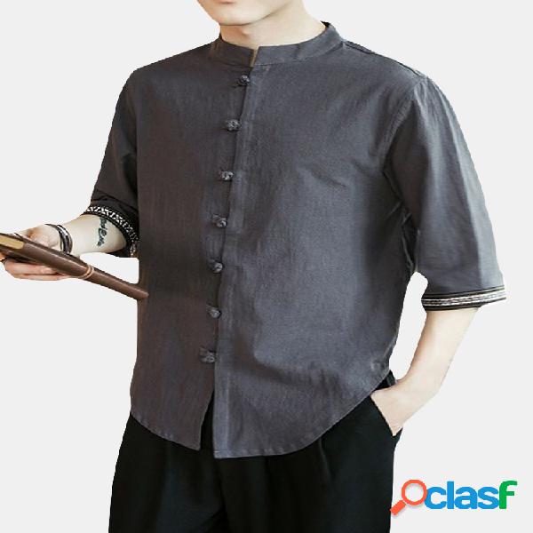 Plus Camisas de algodão com gola retro e três quartos para