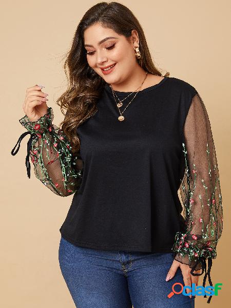 Plus Tamanho preto Tie-up Design malha patchwork mangas