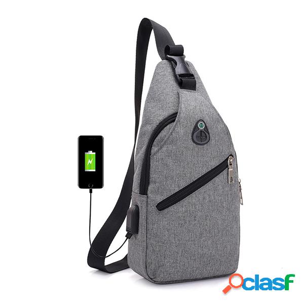 Poliéster Casual USB Porta de Carregamento Sling Bag Saco