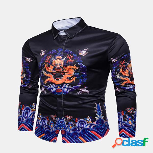 Preto elegante estilo chinês Dragão camisas de grife de