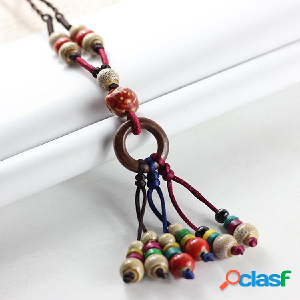 Pérolas de cerâmica étnica Tassels Drop Necklace Vintage