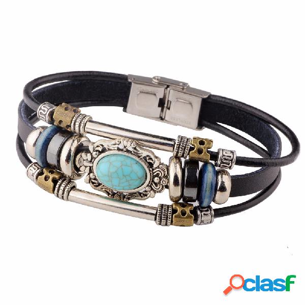 Pulseiras Multicamadas Vintage Oval Azul Irregular