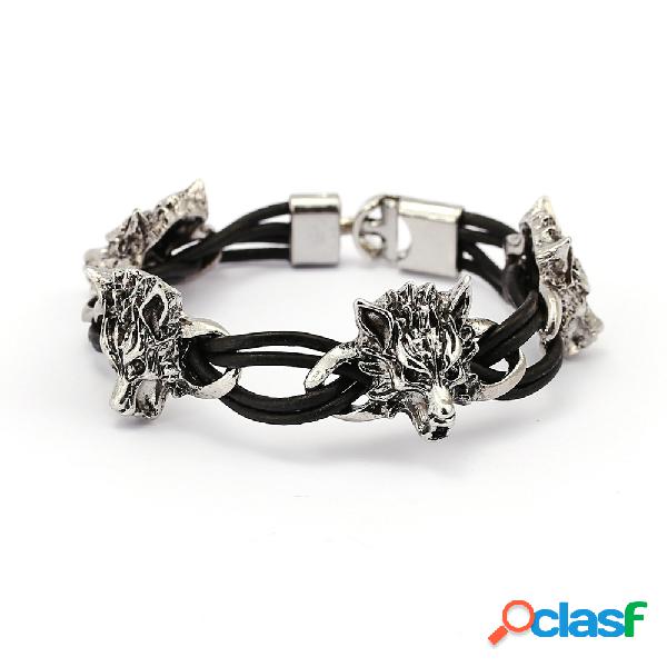 Punk Cuff Bracelets Lobo Cabeça Cera Corda Enrolamento