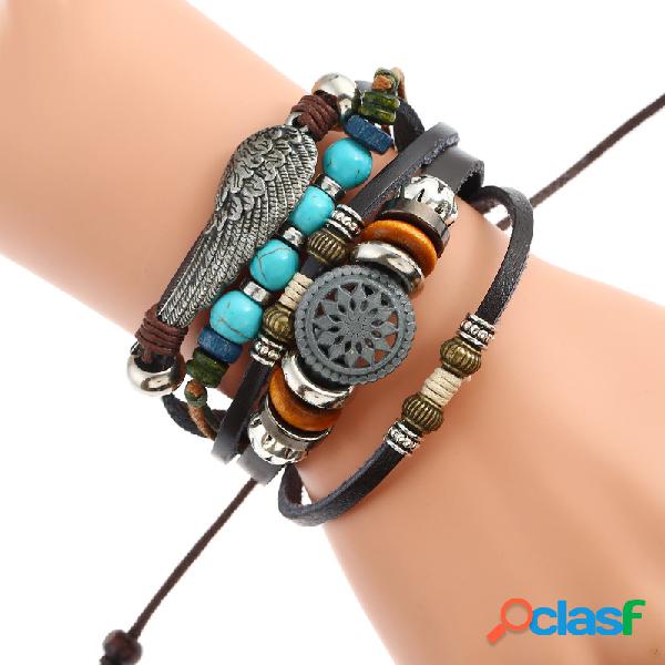 Punk Pulseira Multicamada Ajustável Couro Trançado