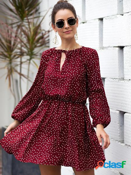 Red Polka Dot Round Neck Lantern Sleeves Ruched Dress