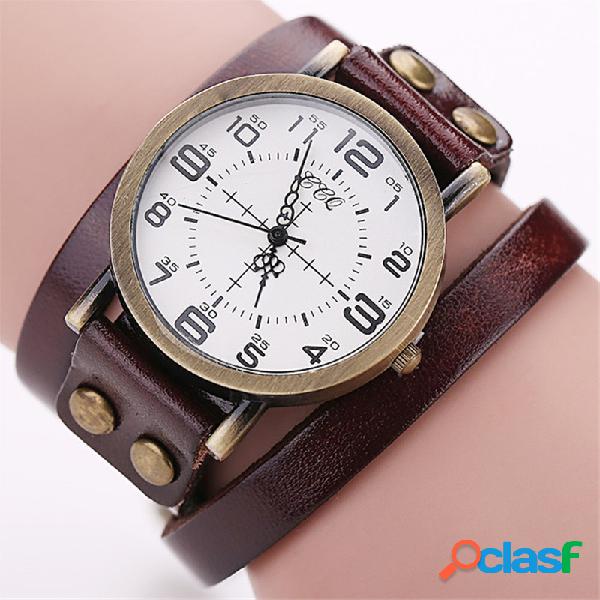 Relógio de Pulso Vintage Casual de Couro de Multicamadas