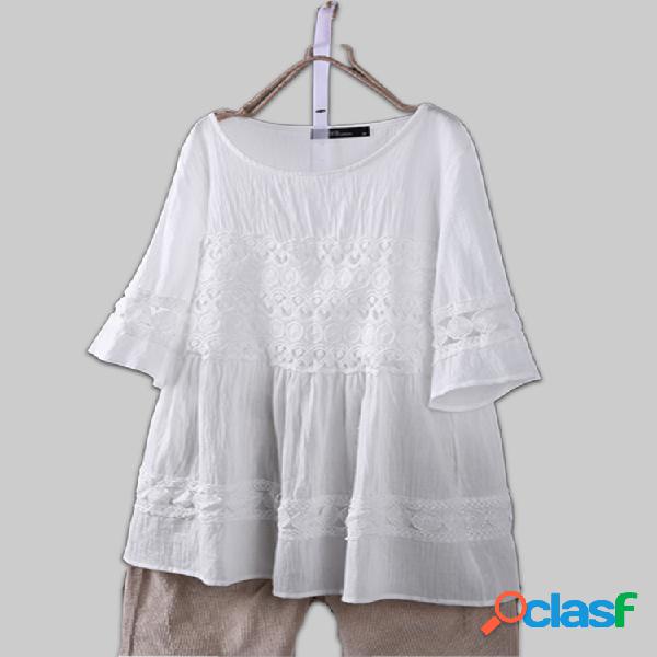 Rendas Jacquard oco plissado guarnição Plus blusa de