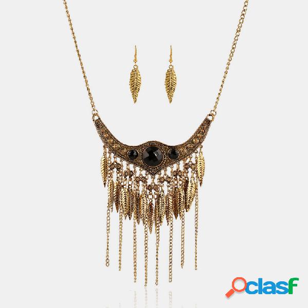 Retro Exagerada de Metal Gem Tassel Colar Turquesa Folha