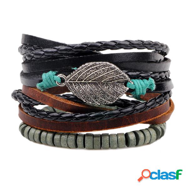 Retro Men's Leather Wax Rope Beads Multi Strand Folho