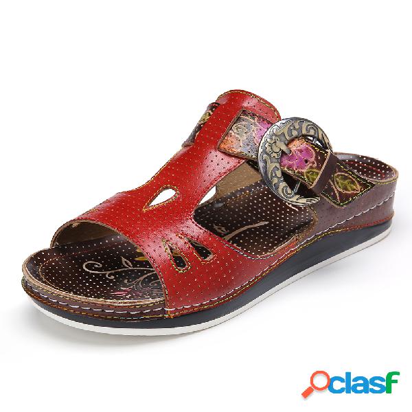 Retro fivela de metal em relevo floral costurado welt sola