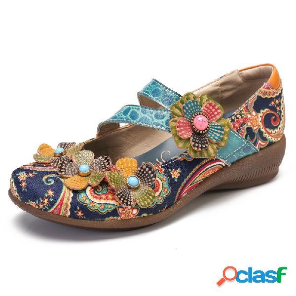 SOCOFY Retro Splicing Floral Folkways Padrão Couro Genuíno