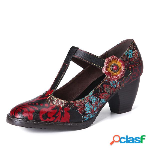 SOCOFY Retro floral bordado flores couro salto baixo Gancho