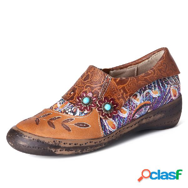 SOCOFY Retro floral em relevo Couro Genuíno zíper