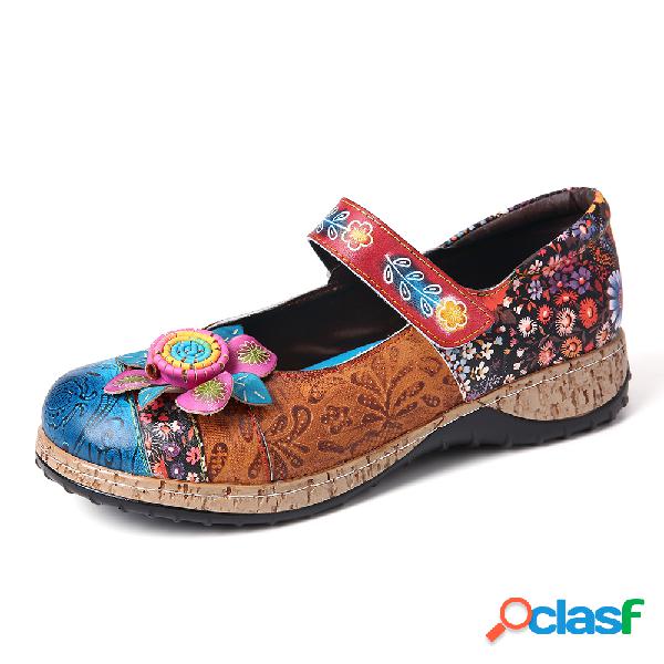 SOCOFY Retro impressão emenda Floral Couro Genuíno Gancho