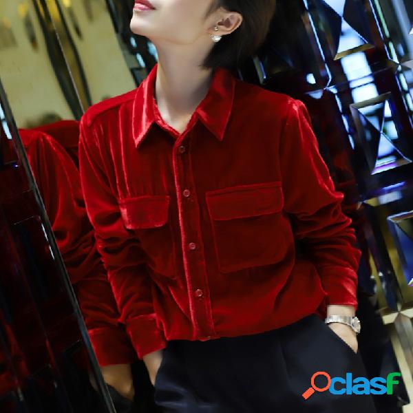 Seda vermelha Camisa Feminino bonito duplo bolso viajante