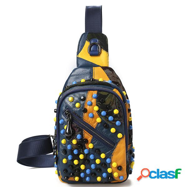 Senhoras De Couro Genuíno Saco Crossbody Rebites Peito