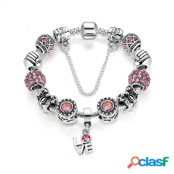 Silver Crown Love Charm Pulseira para mulheres Crystal Glass