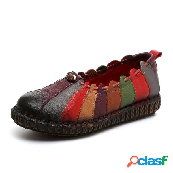 Socofy Loafers de Arco-íris Tecidos de Couro Suaves Planos