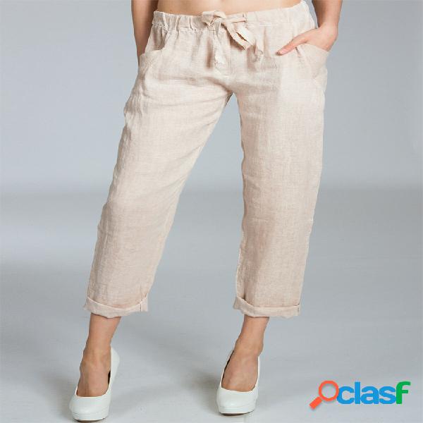 Solid Drawstring Casual Pocket Pant Para Mulheres