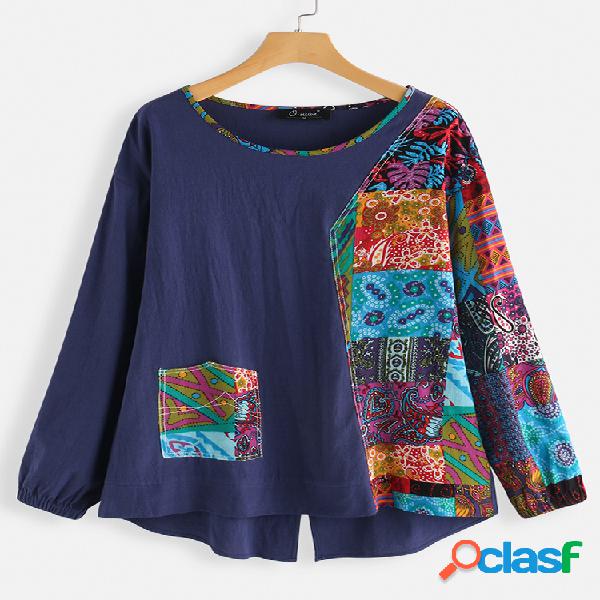 Split Back Print Patchwork Crewneck Plus Blusa Tamanho