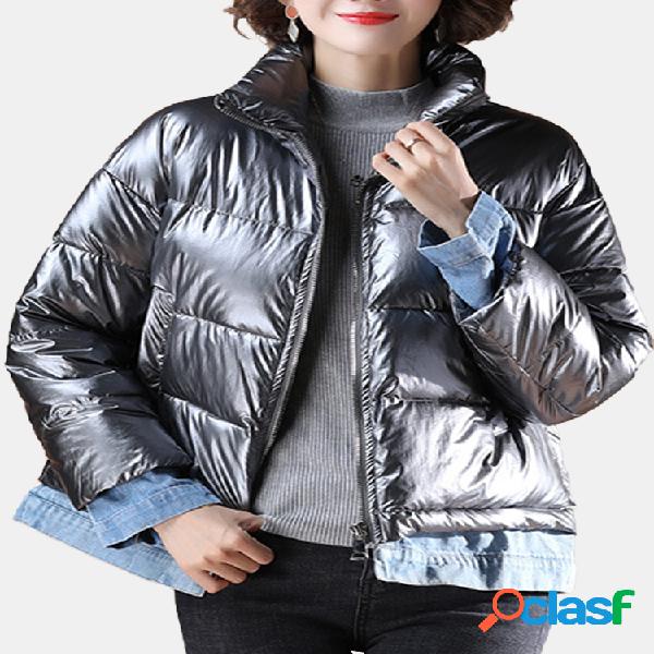 Stand Collar Falso Two Pieces Zipper Down Coat para mulheres
