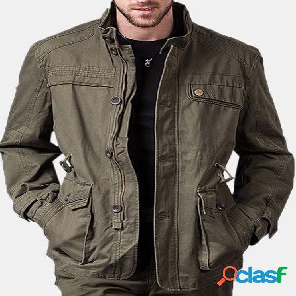 Stand Collar Pockets Algodão Cintura Drawstring militar