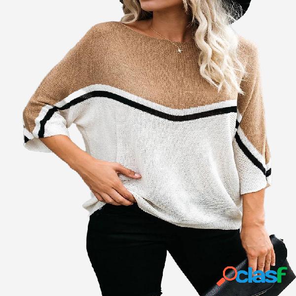 Stripe 3/4 Sleeve Contraste Color Sweater Casual Para