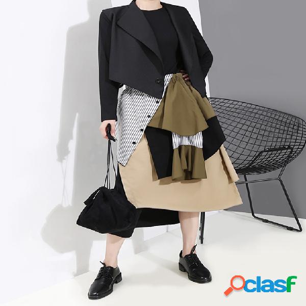 Stripe Contrast Color Irregular Skirt em camadas para