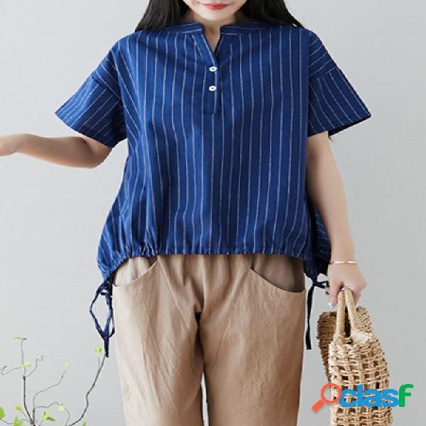 Stripe Hem Stripe Blusa de manga curta para mulheres