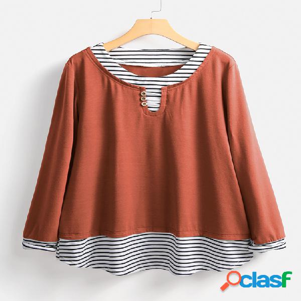 Stripe Patchwork manga comprida blusa casual para mulheres