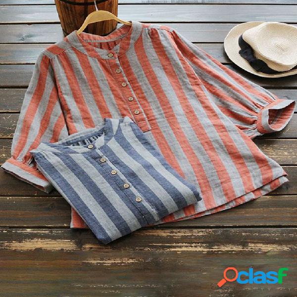 Stripe vintage meia manga gola blusas soltas